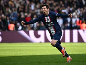 Paris Saint-Germain's Argentine forward Lionel Messi celebrates scoring his team's fourth goal during the French L1 football match between Paris Saint-Germain (PSG) and Lille LOSC at The Parc des Princes Stadium in Paris on February 19, 2023. (Photo by Anne-Christine POUJOULAT / AFP)