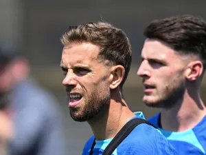 England's midfielder Jordan Henderson reacts as he attends an England training session at St George’s Park in Burton-Upon-Trent, on June 13, 2023 ahead of of their UEFA Euro 2024 Group C qualifiers match against Malta. (Photo by Paul ELLIS / AFP)