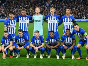 Brighton players pose for team photo during the UEFA Europa League Group B football match between Brighton and Hove Albion and AEK Athens at the American Express Community Stadium in Brighton, southern England on September 21, 2023. (Photo by Glyn KIRK / AFP)