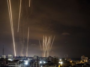 rockets is fired by Palestinian militants from Gaza City