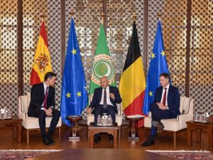 Arab League Secretary-General Ahmed Aboul Gheit meets with Spanish Prime Minister Pedro Sanchez. (AFP)