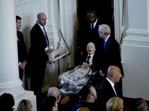 Former US President Jimmy Carter arrives for a tribute service for former US First Lady Rosalynn Carter, at Glenn Memorial Church in Atlanta, Georgia, on November 28, 2023. (ANDREW CABALLERO-REYNOLDS/ AFP)