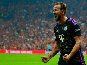 Bayern Munich's English forward #09 Harry Kane celebrates after scoring a goal during the UEFA Champions League group stage football match between Galatasaray and Bayern Munich at the Ali Sami Yen Spor Kompleksi in Istanbul on October 24, 2023. (Photo by YASIN AKGUL / AFP)