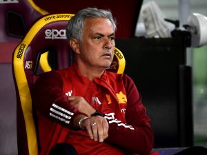 Roma's Portugese coach Jose Mourinho attends the Italian Serie A football match between AS Roma and Frosinone Calcio at the Olympic Stadium in Rome on October 1, 2023. (Photo by Filippo MONTEFORTE / AFP)
