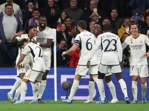 Real Madrid's Brazilian forward #11 Rodrygo (L) celebrates scoring his team's third goal during the UEFA Champions League group C football match between Real Madrid CF and SC Braga at the Santiago Bernabeu stadium in Madrid on November 8, 2023. (Photo by Pierre-Philippe MARCOU / AFP)