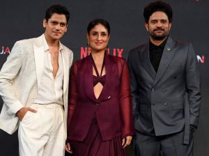(L-R) Bollywood actors Vijay Varma, Kareena Kapoor Khan and Jaideep Ahlawat pose during the trailer launch of their upcoming Hindi-language movie 'Jaane Jaan' in Mumbai on September 5, 2023. (Photo by SUJIT JAISWAL / AFP)