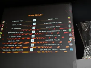 The results are displayed on a screen next to the UEFA Europa League cup at the end of the UEFA Europa League knockout stage play-off draw at the House of European Football in Nyon on December 18, 2023. (Photo by Fabrice COFFRINI / AFP)