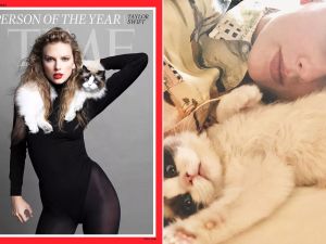Taylor Swift on the cover of Time as the 2023 Person of the Year, with her cat Benjamin Button (L); Taylor Swift and Benjamin Button. (Inez and Vindooh/ Time)