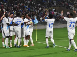 Al-Hilal SFC's players celebrate after scoring a goal during the AFC Champions League 2023/24 Group D football match between India's Mumbai City FC and Saudi Arabia’s Al-Hilal SFC at the D.Y. Patil stadium in Navi Mumbai on November 6, 2023. (Photo by AFP)