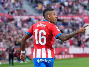 Girona's Brazilian midfielder #16 Savio Moreira celebrates scoring a goal during the Spanish league football match between Girona FC and UD Almeria at the Montilivi stadium in Girona on October 22, 2023. (Photo by Pau BARRENA / AFP)