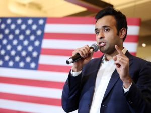 Republican presidential candidate Vivek Ramaswamy speaks at his caucus night event at the Surety Hotel on January 15, 2024 in Des Moines, Iowa.