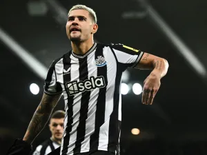 Newcastle United's Brazilian midfielder #39 Bruno Guimaraes arrives on the pitch ahead of the UEFA Champions League Group F football match between Newcastle United and AC Milan at St James' Park in Newcastle-upon-Tyne, north east England on December 13, 2023. (Photo by Paul ELLIS / AFP)