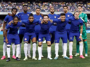 Chelsea players pose for a team photo ahead of a pre-season friendly football match between Chelsea FC and Borussia Dortmund BVB at Soldier Field in Chicago, Illinois, on August 2, 2023. (Photo by KAMIL KRZACZYNSKI / AFP)
