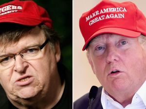 Viral video of Michael Moore’s 2016 speech shared by Trump on Truth Social. (Getty/ AFP)