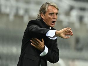 Saudi Arabia's Italian coach Roberto Mancini reacts during the international friendly football match between Saudi Arabia and Costa Rica at St James' Park in Newcastle-upon-Tyne, northeast England, on September 8, 2023. (Photo by Oli SCARFF / AFP)