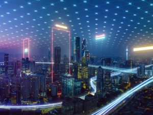 Smart city and abstract polygon pattern connection with speed line light