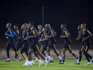 South Africa's players take part in a training session at the Moderne secondary school in Korhogo on January 15, 2024, on the eve of the 2024 Africa Cup of Nations (CAN) football match between Mali and South Africa. (Photo by FADEL SENNA / AFP)