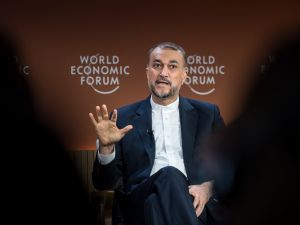 Iranian Foreign Minister Hossein Amir-Abdollahian gestures during a session at the World Economic Forum (WEF) meeting in Davos on January 17, 2024. (Photo by Fabrice COFFRINI / AFP)