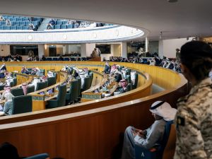 Female security guards stand by as Kuwaiti lawmakers attend a parliament session at the National Assembly in Kuwait City on February 6, 2024.