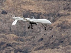 An MQ-1B Predator unmanned aircraft flies during training April 16, 2009 at Creech Air Force Base in Indian Springs, Nevada. 