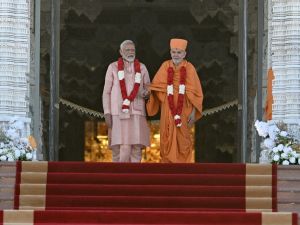 This picture taken in Abu Dhabi on February 14, 2024 shows preparations ahead of the arrival of the Indian prime minister for the inaguruation of the BAPS Hindu Mandir, the largest Hindu temple in the Middle East.