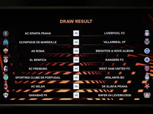 A screen displays the fixtures after the draw for the round of 16 of the 2023-2024 UEFA Europa League football tournament at the House of European Football in Nyon, on February 23, 2024. (Photo by Fabrice COFFRINI / AFP)