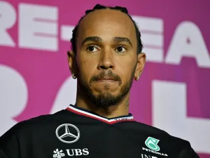 Mercedes' British driver Lewis Hamilton attends a press conference during the third day of the Formula One pre-season testing at the Bahrain International Circuit in Sakhir on February 23, 2024. (Photo by Andrej ISAKOVIC / AFP)