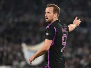 Bayern Munich's English forward #09 Harry Kane reacts during the UEFA Champions League last 16 first leg between Lazio and Bayern Munich at the Olympic stadium on February 14, 2024 in Rome. (Photo by Alberto PIZZOLI / AFP)