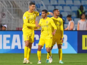 Nassr's Portuguese forward #07 Cristiano Ronaldo celebrates his goal during the AFC Champions League football match between and Saudi Arabia’s Al-Feiha and Saudi Arabia's Al-Nassr at Prince Faisal Bin Fahd Stadium in Riyadh on February 14, 2024. (Photo by Fayez NURELDINE / AFP)
