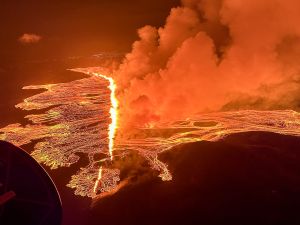 A volcanic eruption started on the Reykjanes peninsula in southwestern Iceland on Thursday, the third to hit the area since December, authorities said. (Photo by HANDOUT / Icelandic Coast Guard / AFP)  Iceland