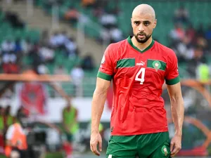 Morocco's midfielder #4 Sofyan Amrabat looks on during the Africa Cup of Nations (CAN) 2024 group F football match between Morocco and Tanzania at Stade Laurent Pokou in San Pedro on January 17, 2024. (Photo by SIA KAMBOU / AFP)