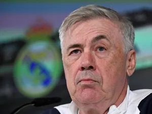 Real Madrid's Italian coach Carlo Ancelotti gives a press conference at the Ciudad Real Madrid training ground in Valdebebas, outskirts of Madrid, on February 24, 2024. (Photo by JAVIER SORIANO / AFP)