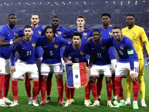 France's players pose for a team photograph ahead of the friendly football match between France and Germany, at the Groupama Stadium in Decines-Charpieu, near Lyon, on March 23, 2024. (Photo by FRANCK FIFE / AFP)
