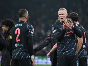 Manchester City's Norwegian striker #09 Erling Haaland celebrates after the UEFA Champions League round of 16, first-leg football match between FC Copenhagen and Manchester City in Copenhagen, Denmark, on February 13, 2024. (Photo by Jonathan NACKSTRAND / AFP)