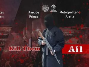 A photo of a terrorist holding an AK-47 standing next to four stadiums hosting the Champions League games