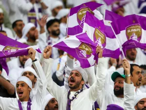 Ain fans cheer ahead of the AFC Champions League football match between Saudi Arabia's Al-Nassr and UAE's Al-Ain at Al-Awal Park Stadium in Riyadh on March 11, 2024. (Photo by Fayez NURELDINE / AFP)