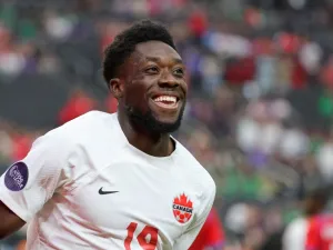 Alphonso Davies #19 of Canada reacts after scoring a goal against Panama in the second half of their game during the 2023 CONCACAF Nations League semifinals at Allegiant Stadium on June 15, 2023 in Las Vegas, Nevada. Canada defeated Panama 2-0. Ethan Miller/Getty Images/AFP (Photo by Ethan Miller / GETTY IMAGES NORTH AMERICA / Getty Images via AFP)