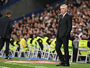Real Madrid's Italian coach Carlo Ancelotti looks on during the Spanish league football match between Real Madrid CF and Deportivo Alaves at the Santiago Bernabeu stadium in Madrid on May 14, 2024. (Photo by JAVIER SORIANO / AFP)