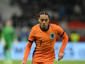 Netherlands' midfielder #07 Xavi Simons controls the ball during the friendly football match between Germany and Netherlands in Frankfurt, western Germany, on March 26, 2024. (Photo by Ina FASSBENDER / AFP)
