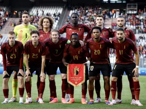 Belgium's team players pose for photographs ahead of the International friendly football match between Belgium and Montenegro at the Baudoin King Stadium in Brussels on June 5, 2024. (Photo by Kenzo TRIBOUILLARD / AFP)