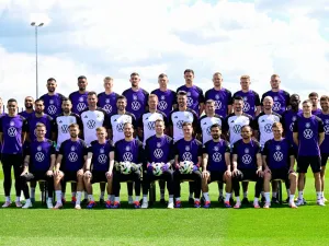 Germany's players pose for a group photo before a training session in Herzogenaurach, Bavaria, on June 13, 2024, on the eve of their UEFA Euro 2024 football match against Scotland. (Photo by Tobias SCHWARZ / AFP)