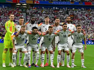Germany players pose for the team photo prior to the UEFA Euro 2024 Group A football match between Switzerland and Germany at the Frankfurt Arena in Frankfurt am Main on June 23, 2024. (Photo by Tobias SCHWARZ / AFP)