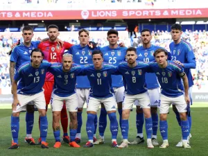 Italy players pose before the international friendly football match between Italy and Ecuador at Red Bull Arena in Harrison, New Jersey, on March 24, 2024. (Photo by Charly TRIBALLEAU / AFP)