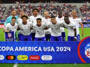 USA's players pose for pictures ahead of the Conmebol 2024 Copa America tournament group C football match between the USA and Bolivia at AT&T Stadium in Arlington, Texas on June 23, 2024. (Photo by Aric Becker / AFP)