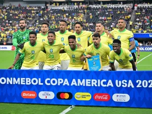 Brazil players pose for a team photo agead of the Conmebol 2024 Copa America tournament group D football match between Paraguay and Brazil at Allegiant Stadium in Las Vegas, Nevada on June 28, 2024. (Photo by Frederic J. Brown / AFP)