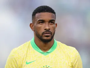 Gleison Bremer Nascimento #25 of Brazil stands for his national anthem before to the international friendly match between Mexico and Brazil at Kyle Field on June 8, 2024 in College Station, Texas. Omar Vega/Getty Images/AFP (Photo by Omar Vega / GETTY IMAGES NORTH AMERICA / Getty Images via AFP)