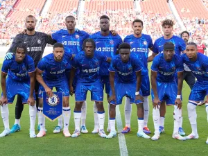 The Chelsea FC starting lineup poses for this photo prior to the start of a preseason friendly against Wrexham AFC at Levi's Stadium on July 24, 2024 in Santa Clara, California. Thearon W. Henderson/Getty Images/AFP (Photo by Thearon W. Henderson / GETTY IMAGES NORTH AMERICA / Getty Images via AFP)