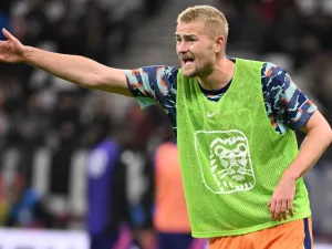 Netherlands' defender #03 Matthijs De Ligt reacts during the warm up prior to the friendly football match between Germany and Netherlands in Frankfurt, western Germany, on March 26, 2024. (Photo by Kirill KUDRYAVTSEV / AFP)