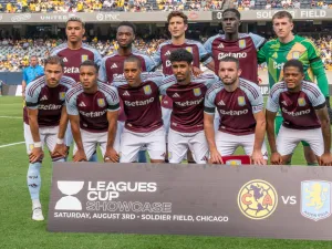 Aston Villa's players pose for a team photo before the pre-season club friendly football match between Aston Villa and Club America at Soldier Field in Chicago, Illinois, August 3, 2024. (Photo by Patrick Gorski / AFP)