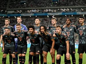 Players from Bayern Munich pose for a team photo before a friendly football match between Tottenham Hotspur and Bayern Munich at the Seoul World Cup Stadium in Seoul on August 3, 2024. (Photo by Anthony WALLACE / AFP)